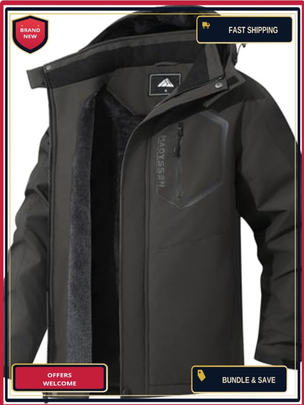 Men's Waterproof Ski Jacket Fleece Lining Hooded Winter Snow Coat